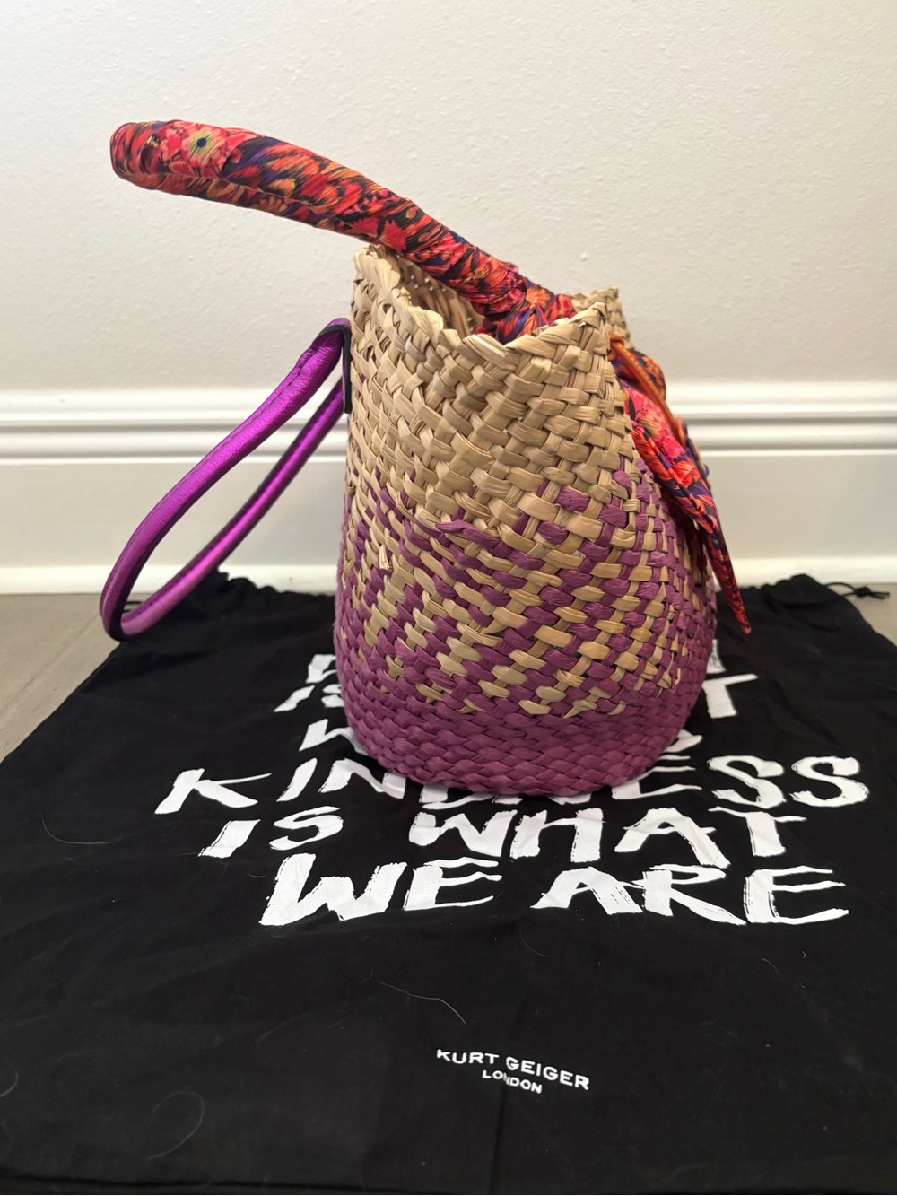 Kurt Geiger Purple-Trim Straw Tote with Floral Scarf Handles - Picture 7 of 7